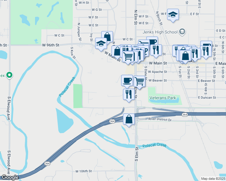 map of restaurants, bars, coffee shops, grocery stores, and more near 701 W 101st Pl S in Jenks