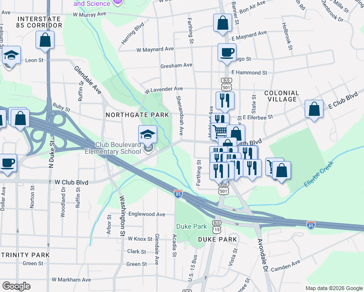 map of restaurants, bars, coffee shops, grocery stores, and more near 111 West Club Boulevard in Durham