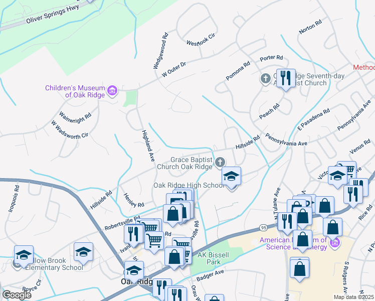 map of restaurants, bars, coffee shops, grocery stores, and more near 168 Hillside Rd in Oak Ridge