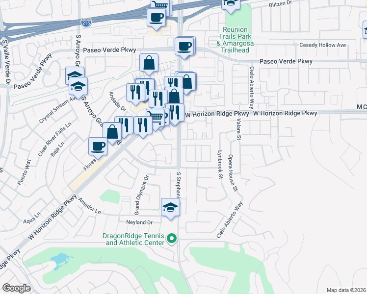 map of restaurants, bars, coffee shops, grocery stores, and more near 257 Paloma Vista Street in Henderson