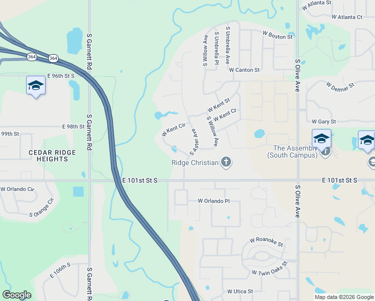map of restaurants, bars, coffee shops, grocery stores, and more near 3400 South Aster Avenue in Broken Arrow
