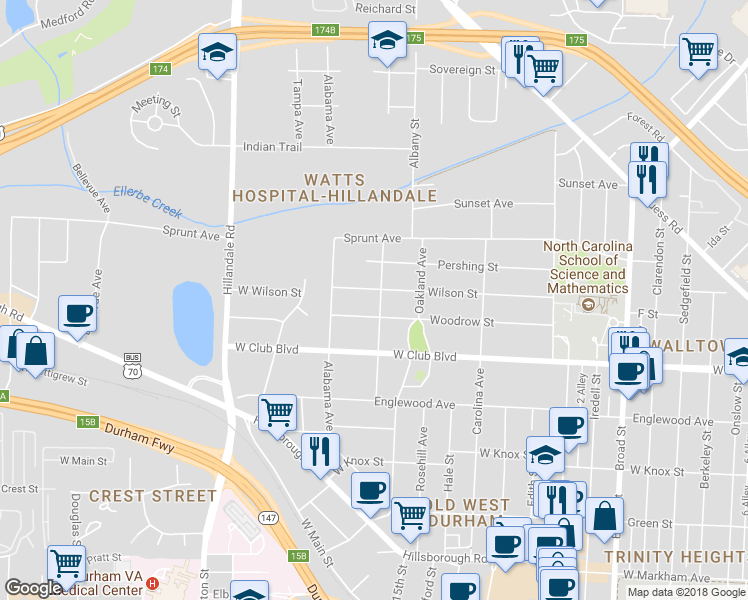 map of restaurants, bars, coffee shops, grocery stores, and more near 1307 Virginia Avenue in Durham