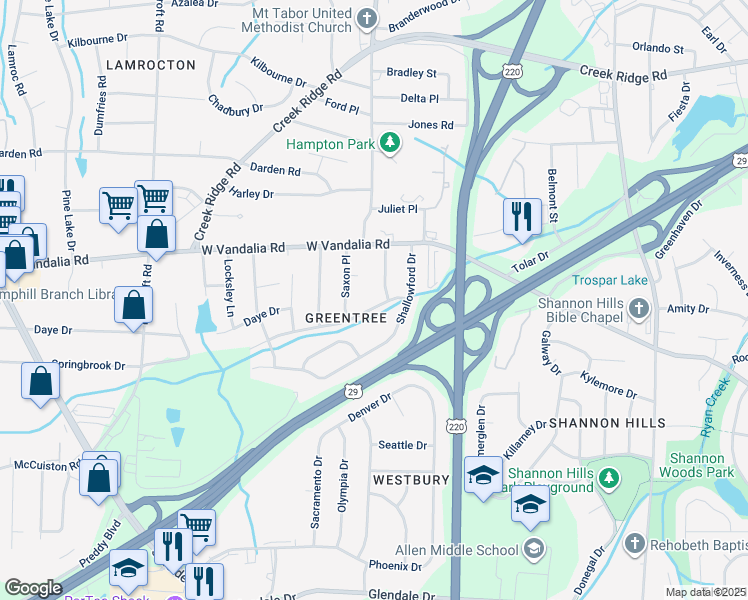 map of restaurants, bars, coffee shops, grocery stores, and more near 2402 Springbrook Drive in Greensboro