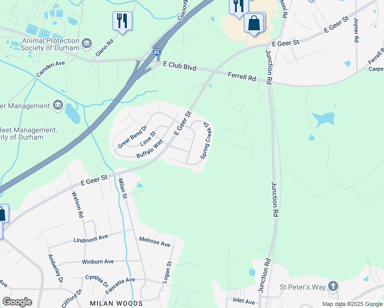 map of restaurants, bars, coffee shops, grocery stores, and more near 2101 Great Bend Drive in Durham