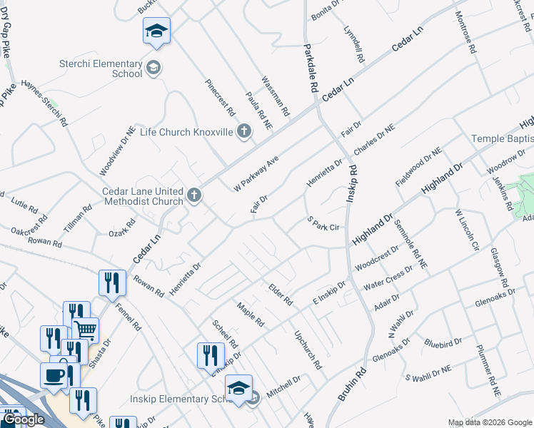 map of restaurants, bars, coffee shops, grocery stores, and more near 1001 Henrietta Drive in Knoxville