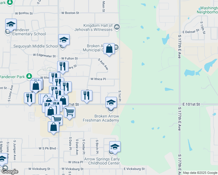 map of restaurants, bars, coffee shops, grocery stores, and more near 107 West Kent Street in Broken Arrow