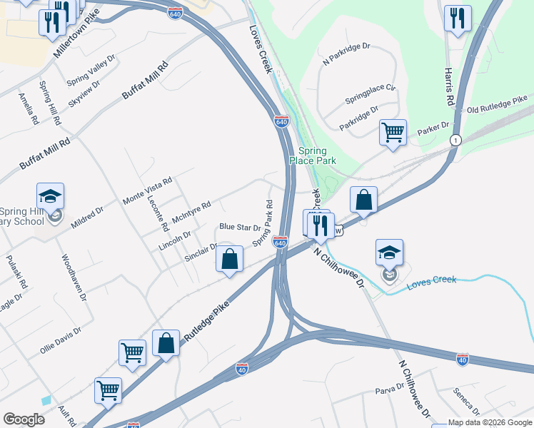 map of restaurants, bars, coffee shops, grocery stores, and more near 921 Spring Park Road in Knoxville