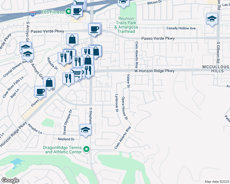 map of restaurants, bars, coffee shops, grocery stores, and more near 203 Lynbrook Street in Henderson