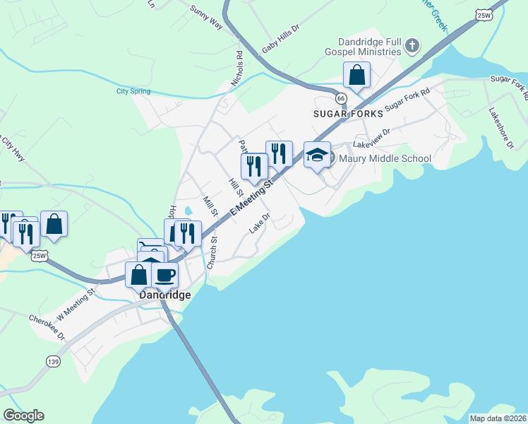 map of restaurants, bars, coffee shops, grocery stores, and more near 1166 Lake Drive in Dandridge