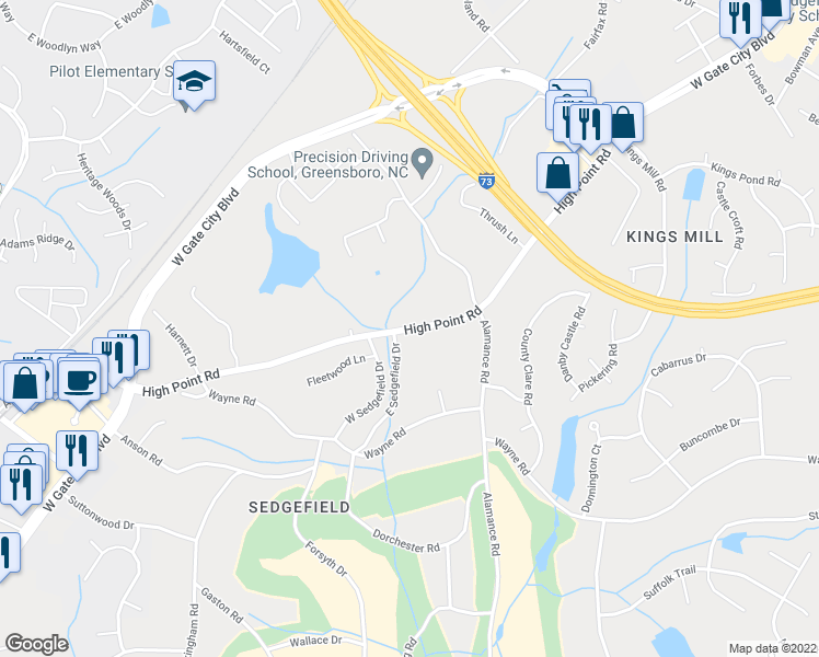 map of restaurants, bars, coffee shops, grocery stores, and more near 5318 High Point Road in Greensboro