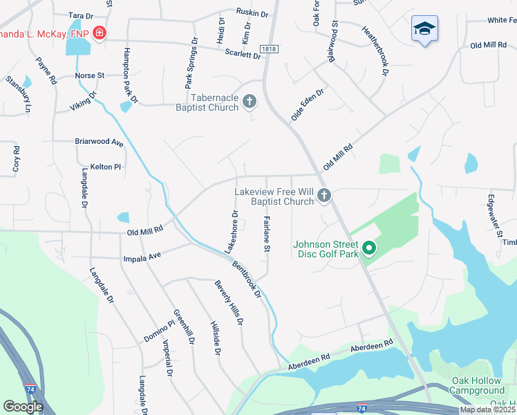 map of restaurants, bars, coffee shops, grocery stores, and more near 3629 Fairlane Street in High Point