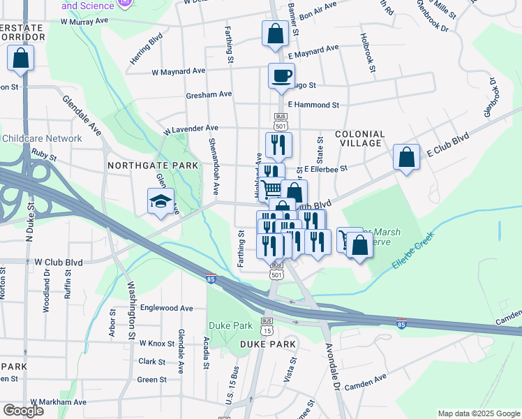 map of restaurants, bars, coffee shops, grocery stores, and more near 202 East Club Boulevard in Durham