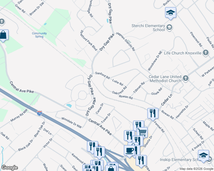 map of restaurants, bars, coffee shops, grocery stores, and more near 404 Oakcrest Road in Knoxville