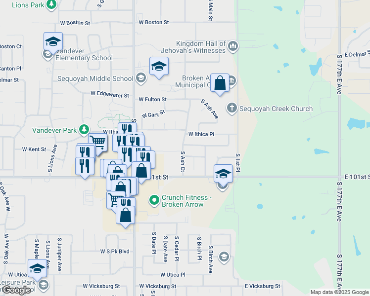 map of restaurants, bars, coffee shops, grocery stores, and more near 159 West Kent Street in Broken Arrow