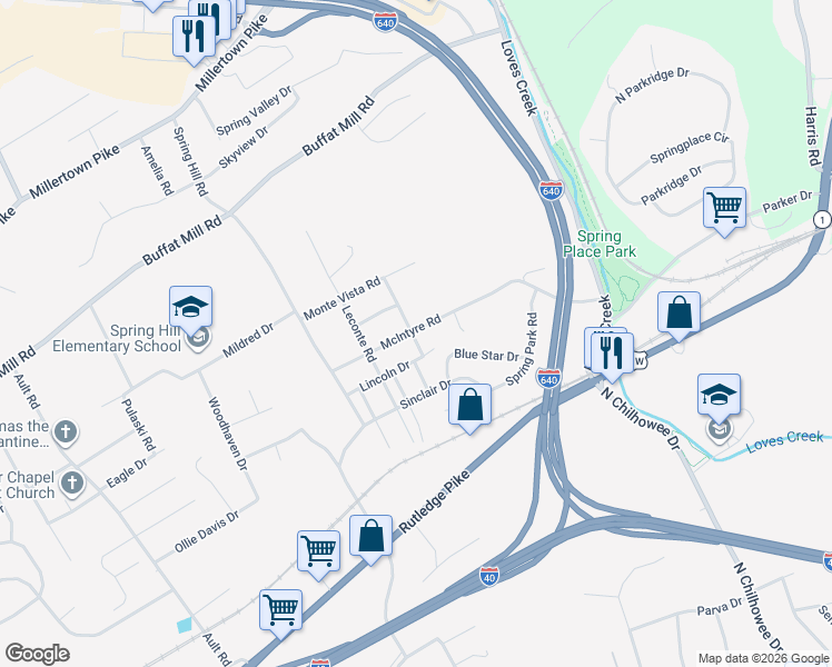 map of restaurants, bars, coffee shops, grocery stores, and more near 5100 McIntyre Road in Knoxville