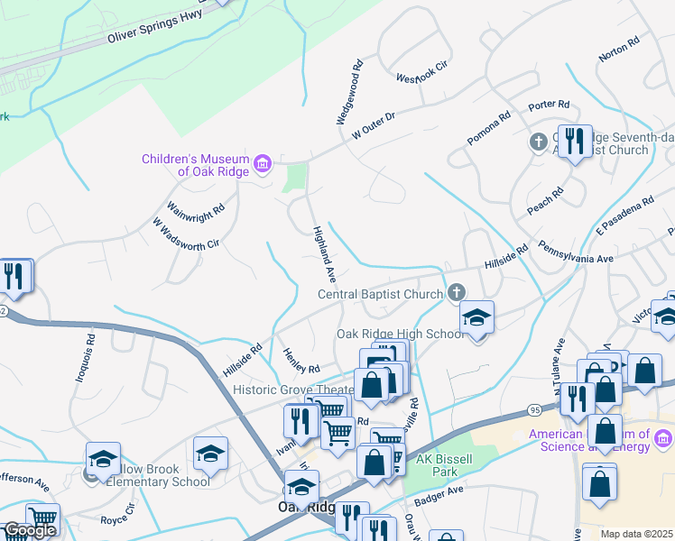 map of restaurants, bars, coffee shops, grocery stores, and more near 105 Howard Lane in Oak Ridge