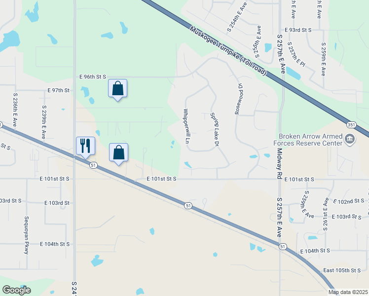 map of restaurants, bars, coffee shops, grocery stores, and more near 9890 Whipperwill Lane in Broken Arrow