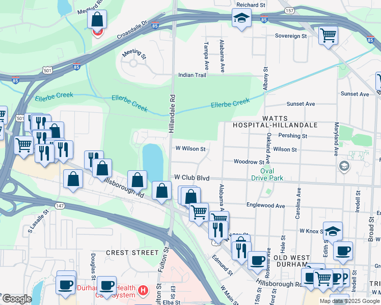 map of restaurants, bars, coffee shops, grocery stores, and more near 2517 Wilson St in Durham