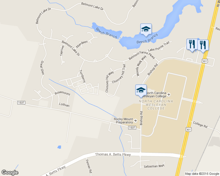 map of restaurants, bars, coffee shops, grocery stores, and more near 653 Chimney Hill Way in Rocky Mount
