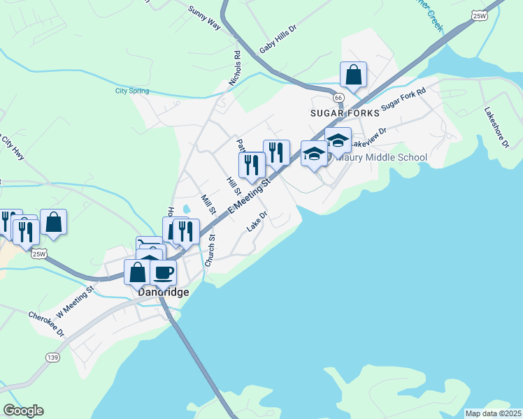 map of restaurants, bars, coffee shops, grocery stores, and more near 1166 Lake Drive in Dandridge