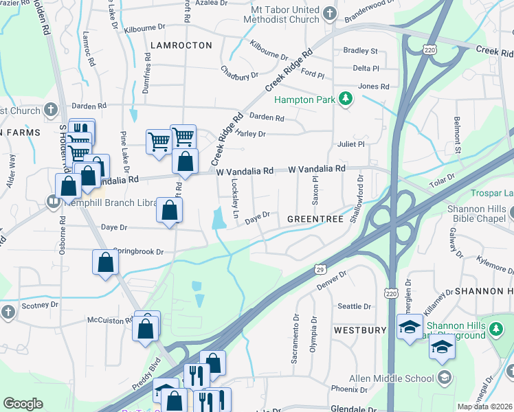 map of restaurants, bars, coffee shops, grocery stores, and more near 3017 Paddington Street in Greensboro