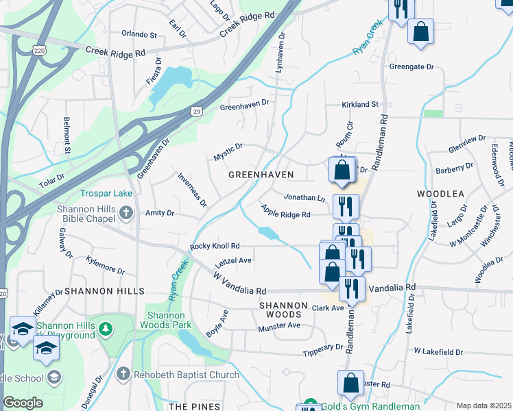 map of restaurants, bars, coffee shops, grocery stores, and more near 543 Apple Ridge Road in Greensboro