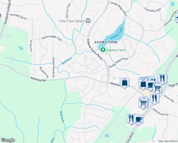 map of restaurants, bars, coffee shops, grocery stores, and more near 5247 Fox Hunt Drive in Greensboro