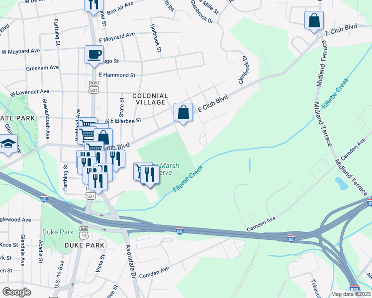 map of restaurants, bars, coffee shops, grocery stores, and more near Ambridge Street in Durham