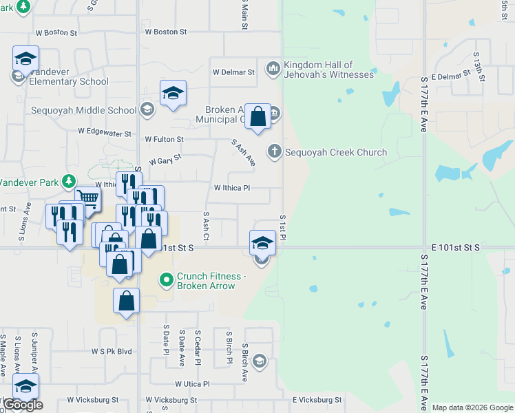 map of restaurants, bars, coffee shops, grocery stores, and more near 107 East 60th Place in Broken Arrow