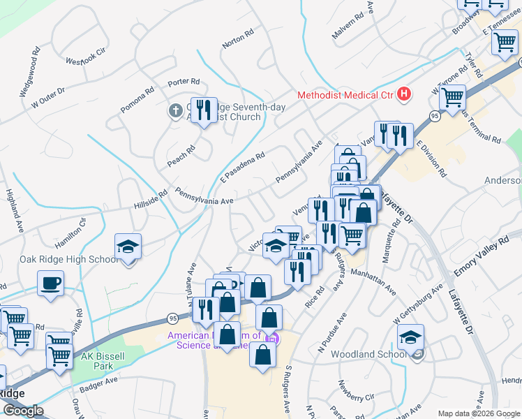 map of restaurants, bars, coffee shops, grocery stores, and more near 107 Parma Road in Oak Ridge