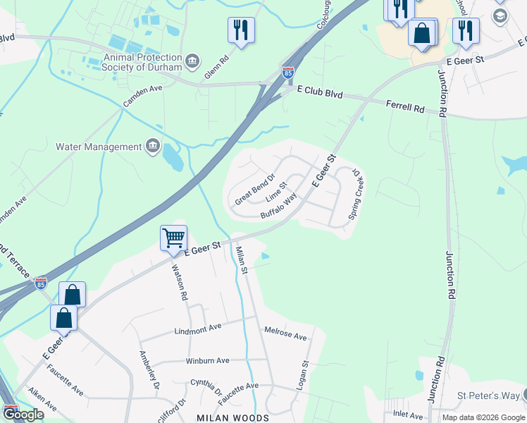 map of restaurants, bars, coffee shops, grocery stores, and more near 2029 Buffalo Way in Durham