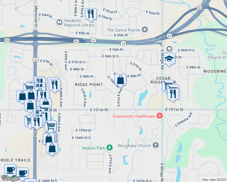 map of restaurants, bars, coffee shops, grocery stores, and more near 8975 East 100th Place in Tulsa