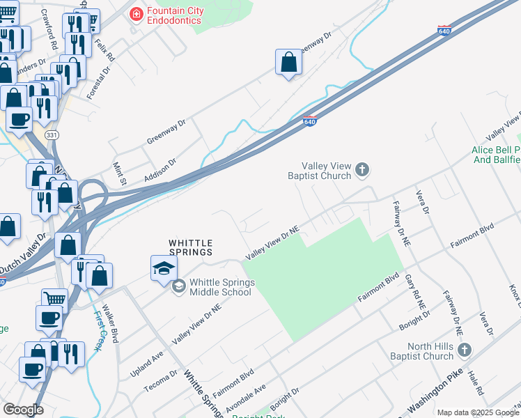 map of restaurants, bars, coffee shops, grocery stores, and more near 3243 Misty Hill Way in Knoxville