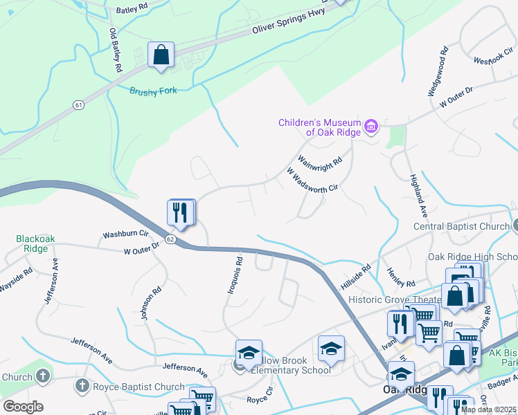 map of restaurants, bars, coffee shops, grocery stores, and more near 119 Waltham Lane in Oak Ridge