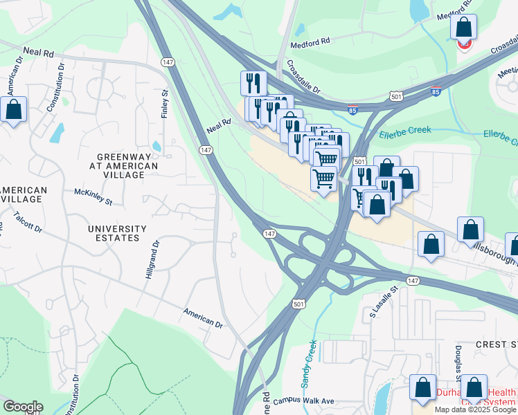 map of restaurants, bars, coffee shops, grocery stores, and more near 243 Bridgefield Place in Durham