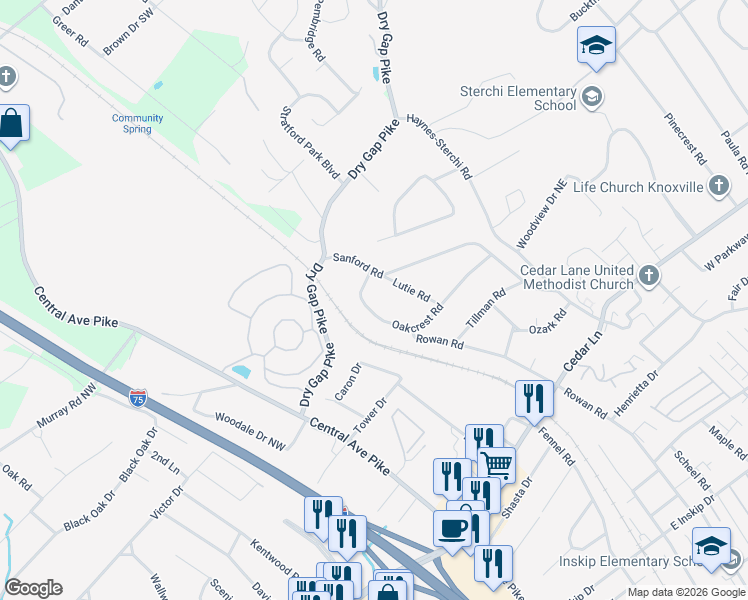 map of restaurants, bars, coffee shops, grocery stores, and more near 404 Oakcrest Road in Knoxville