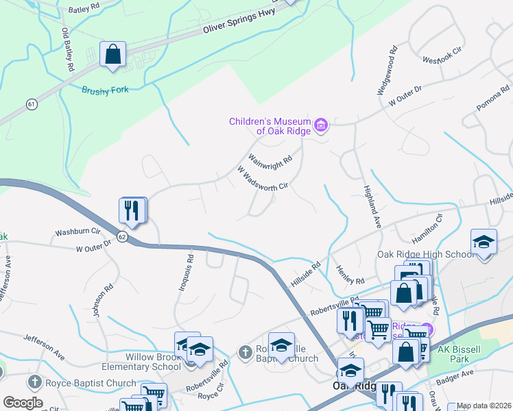 map of restaurants, bars, coffee shops, grocery stores, and more near 113 Wakeman Lane in Oak Ridge