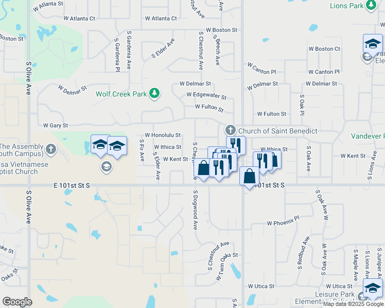 map of restaurants, bars, coffee shops, grocery stores, and more near 3305 South Dogwood Avenue in Broken Arrow