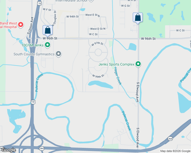 map of restaurants, bars, coffee shops, grocery stores, and more near 752 West 99th Street in Jenks