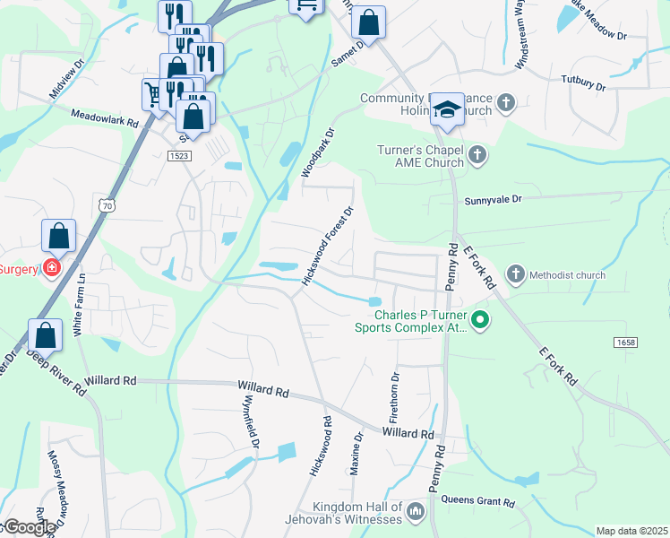 map of restaurants, bars, coffee shops, grocery stores, and more near 3666 Rock Meadow Circle in High Point