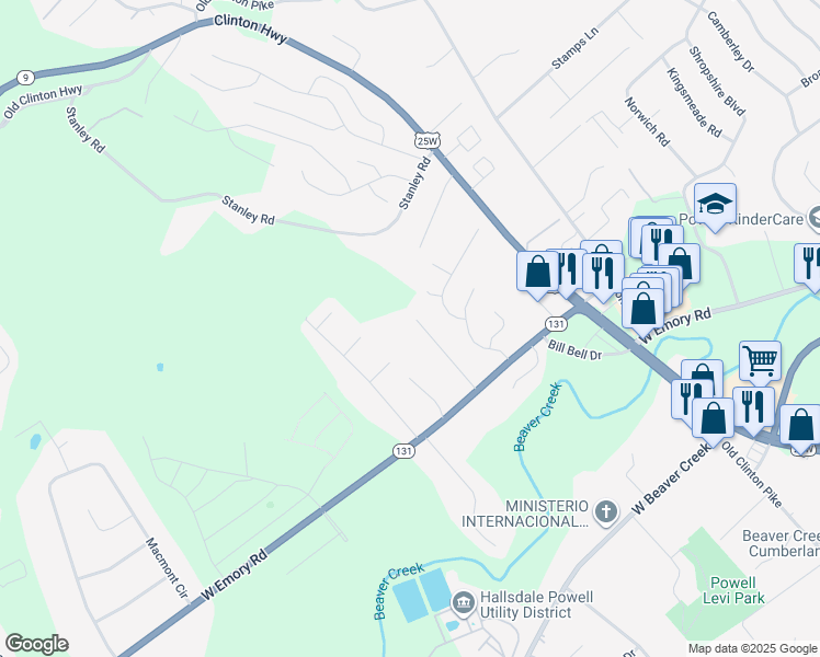 map of restaurants, bars, coffee shops, grocery stores, and more near 7681 Callow Cove Lane in Powell