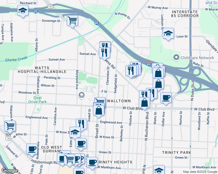 map of restaurants, bars, coffee shops, grocery stores, and more near 1306 Clarendon Street in Durham