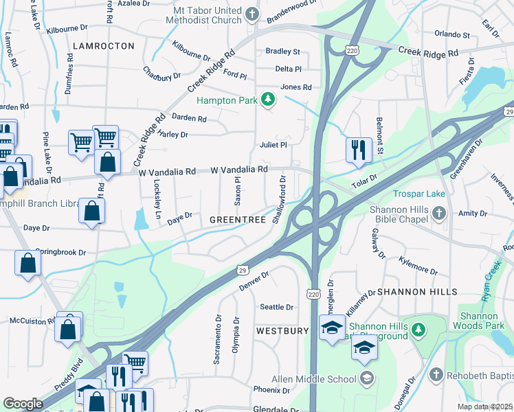 map of restaurants, bars, coffee shops, grocery stores, and more near 2402 Springbrook Drive in Greensboro
