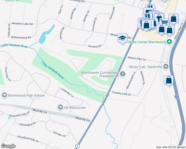 map of restaurants, bars, coffee shops, grocery stores, and more near 568 Midway Circle in Brentwood
