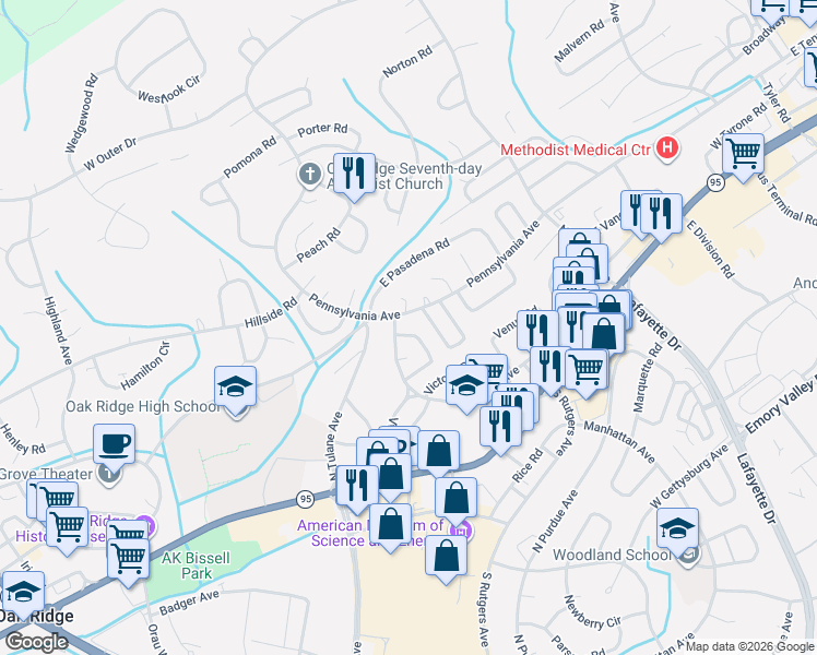 map of restaurants, bars, coffee shops, grocery stores, and more near 102 Vista Rd in Oak Ridge