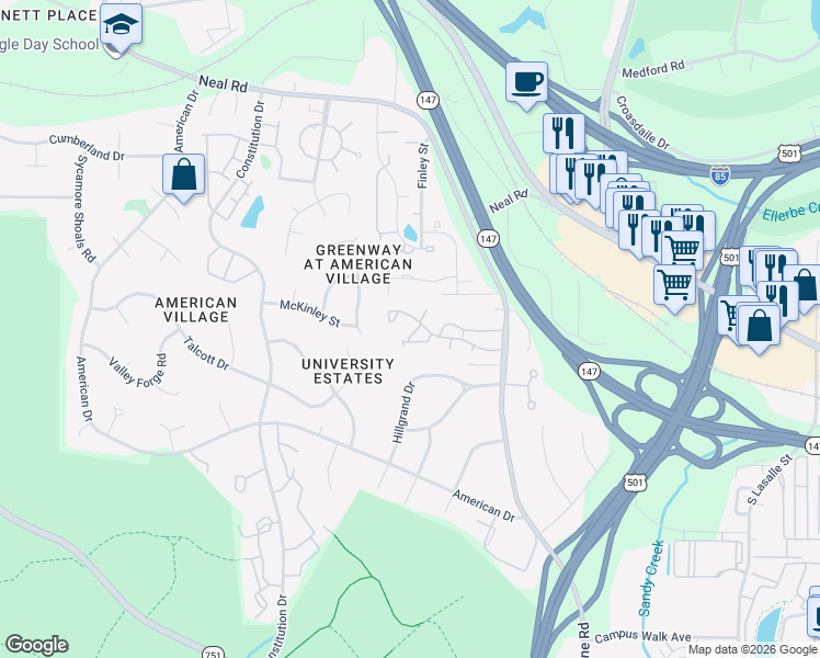 map of restaurants, bars, coffee shops, grocery stores, and more near 73 Forest Oaks Drive in Durham