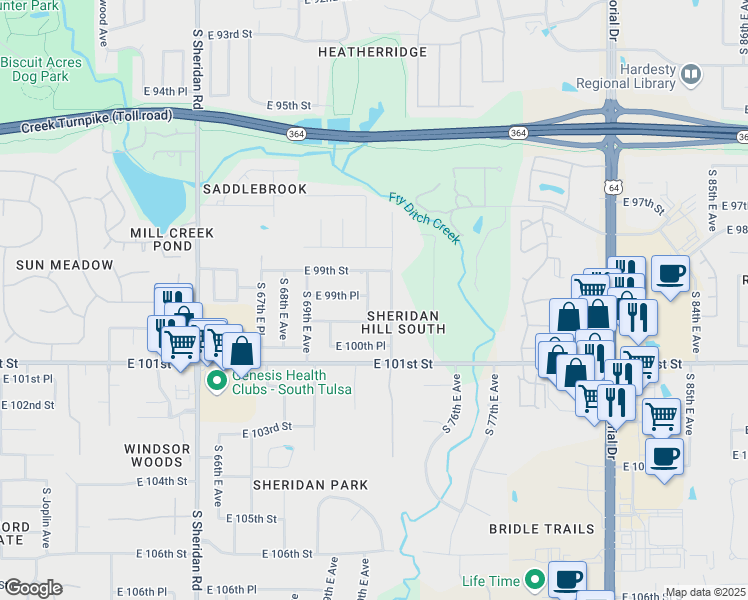 map of restaurants, bars, coffee shops, grocery stores, and more near 9927 South 71st East Avenue in Tulsa