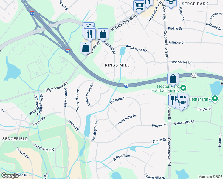 map of restaurants, bars, coffee shops, grocery stores, and more near 2817 Kings Mill Road in Greensboro