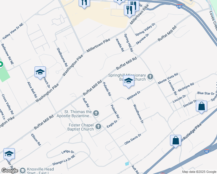 map of restaurants, bars, coffee shops, grocery stores, and more near 2509 Pulaski Road in Knoxville