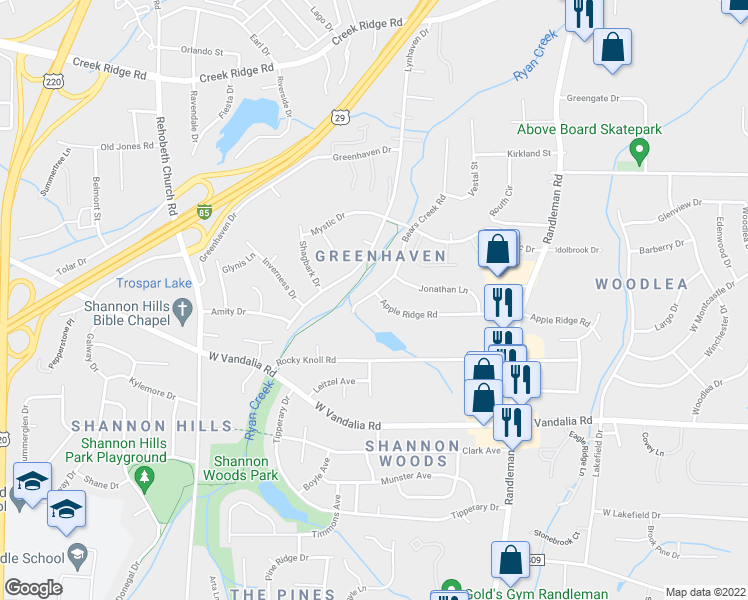 map of restaurants, bars, coffee shops, grocery stores, and more near 543 Apple Ridge Road in Greensboro